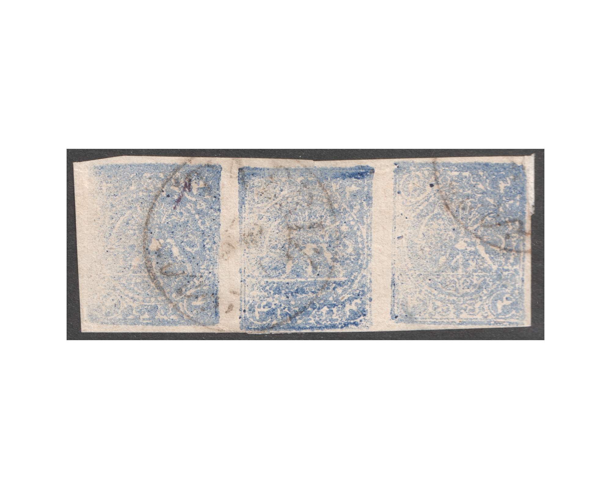 4 Kran pale ultramarine, strip of three ACD, Certificate by IPSC