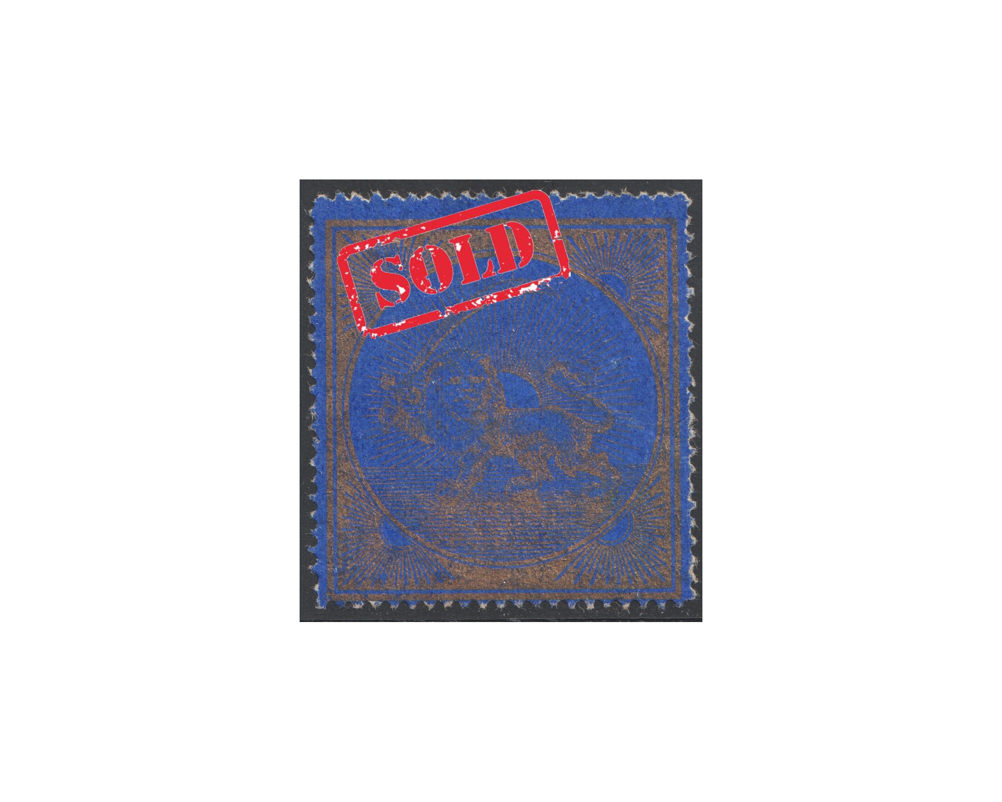 1865 Large format lion label Blue and Gold Issue