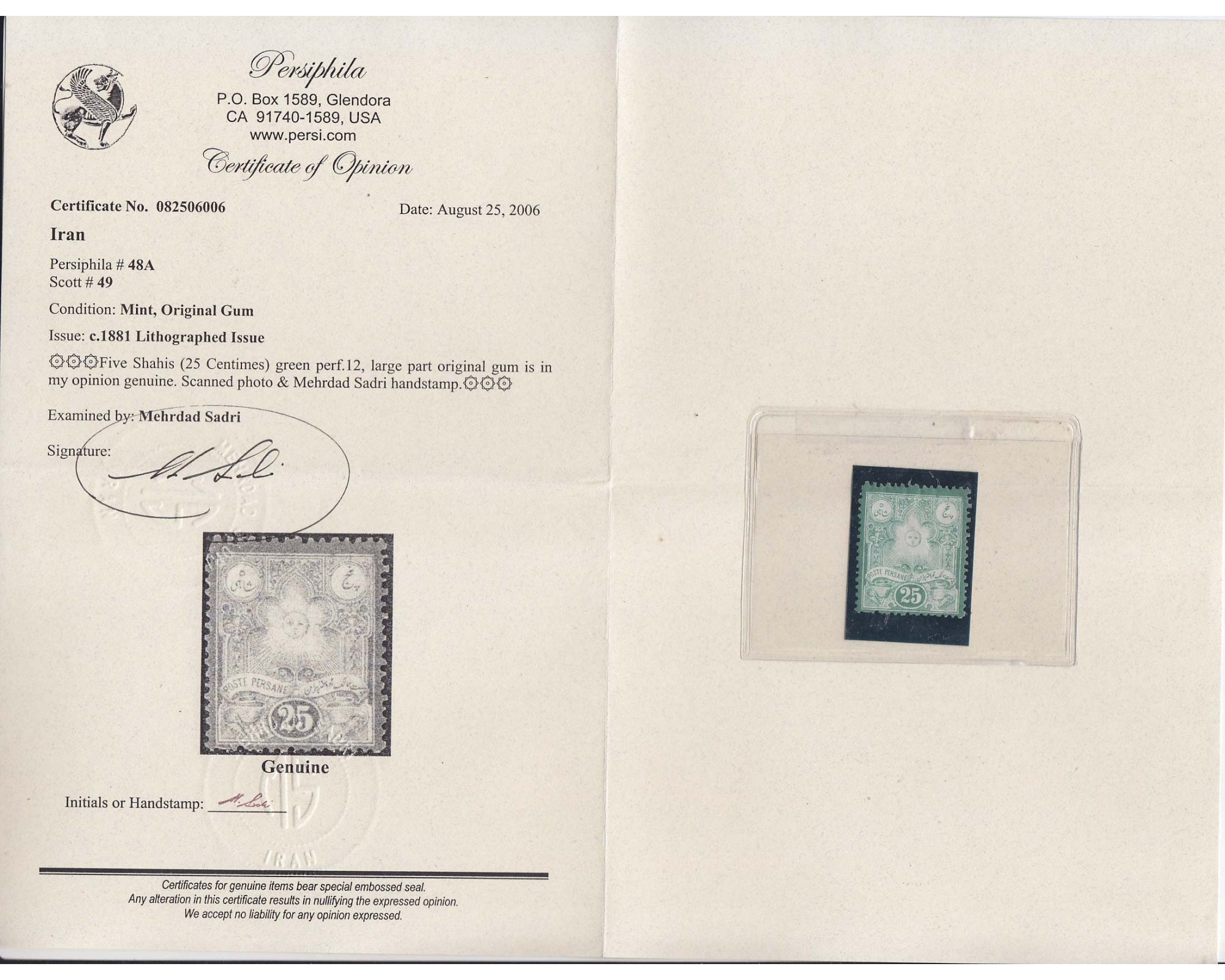 1881 25 Centim Certificate By Mr. Sadri - Image 3