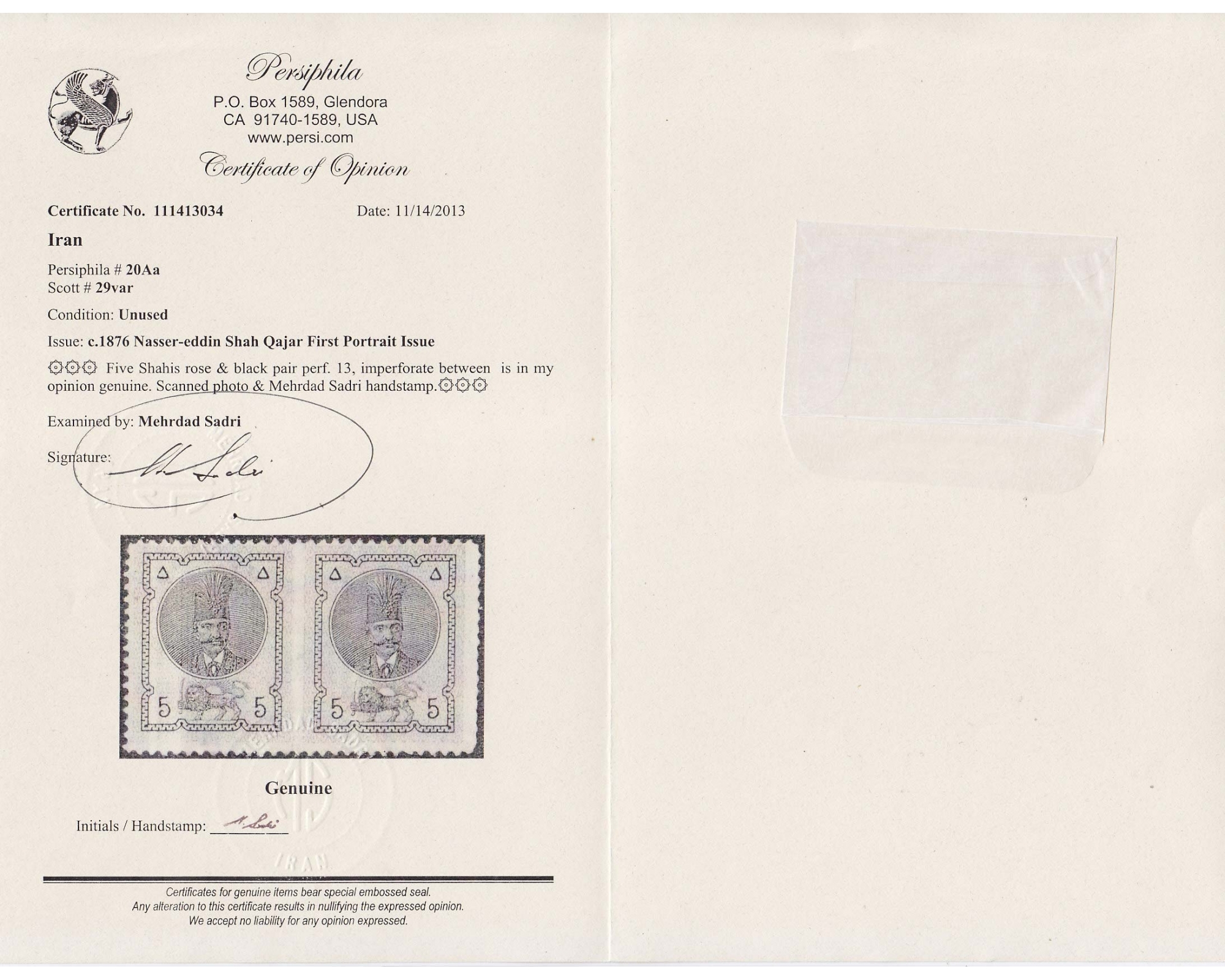 1876 Imperf. Pair of 5ch Certificate by Mr. Sadri - Image 3