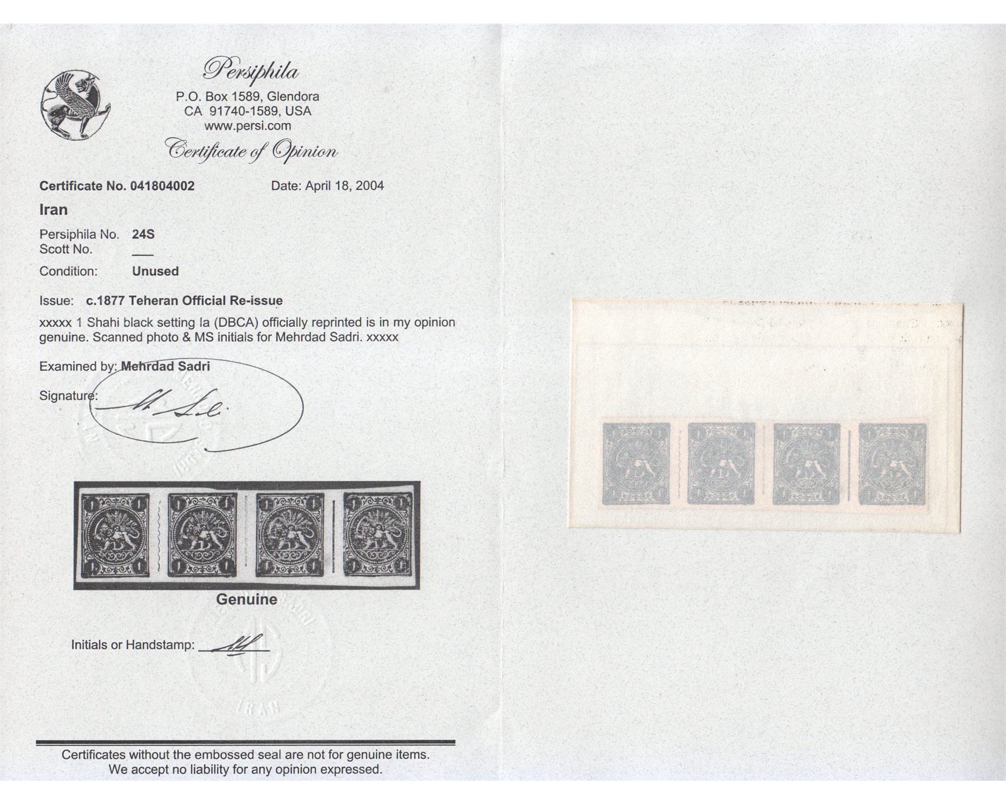 1877 1ch Tehran Official Re Issue Certificate By Mr. Sadri - Image 4