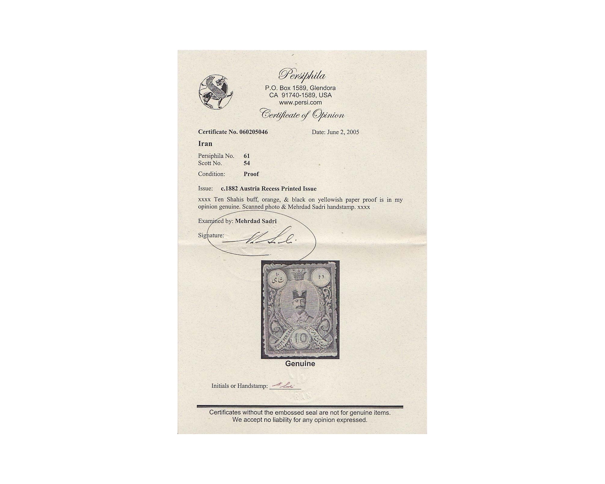 1882 PROOF of 10ch Certificate by Mr. Sadri - Image 3