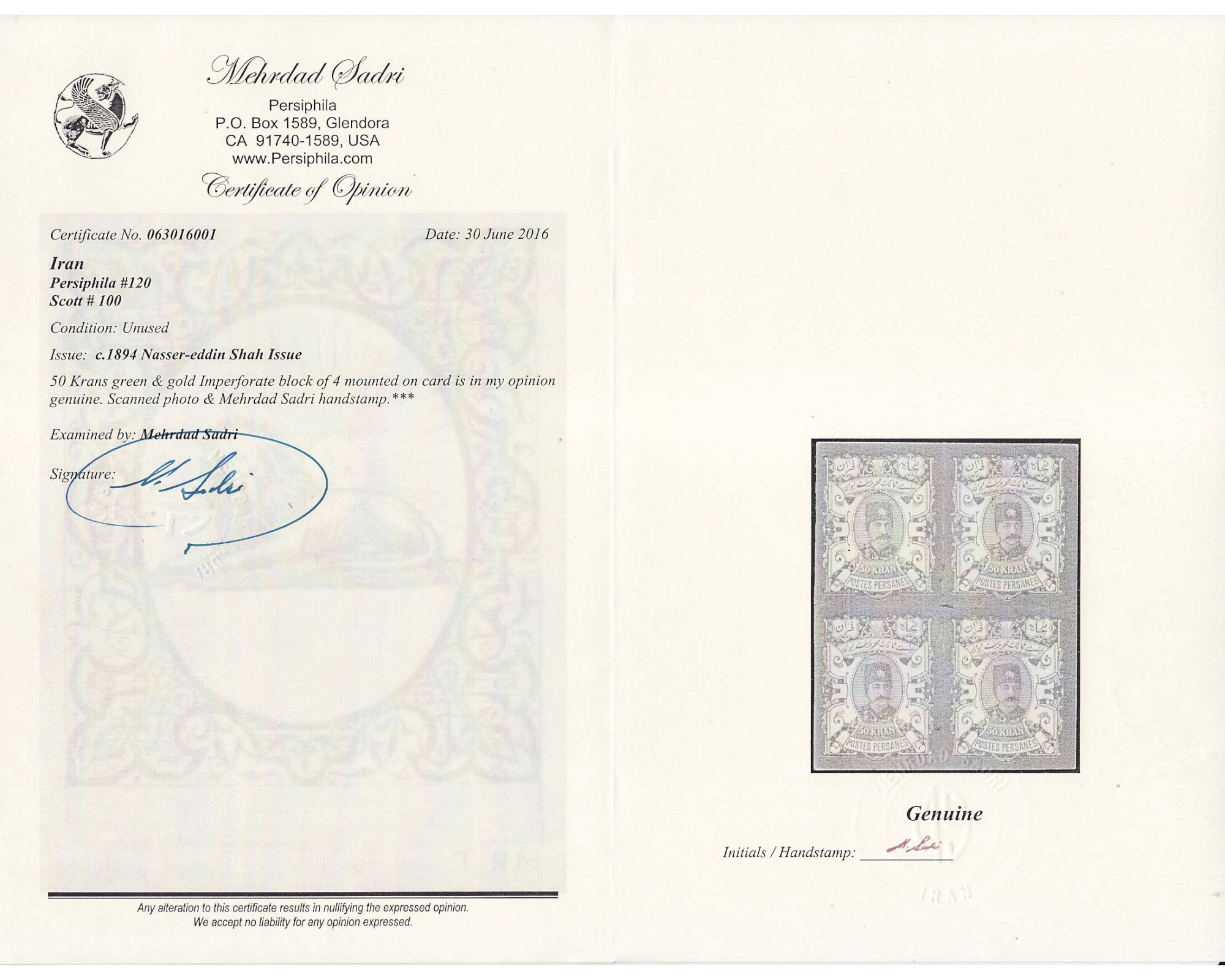 1894 50 Kran Imperf. block on card Certificate by Mr. Sadri - Image 3