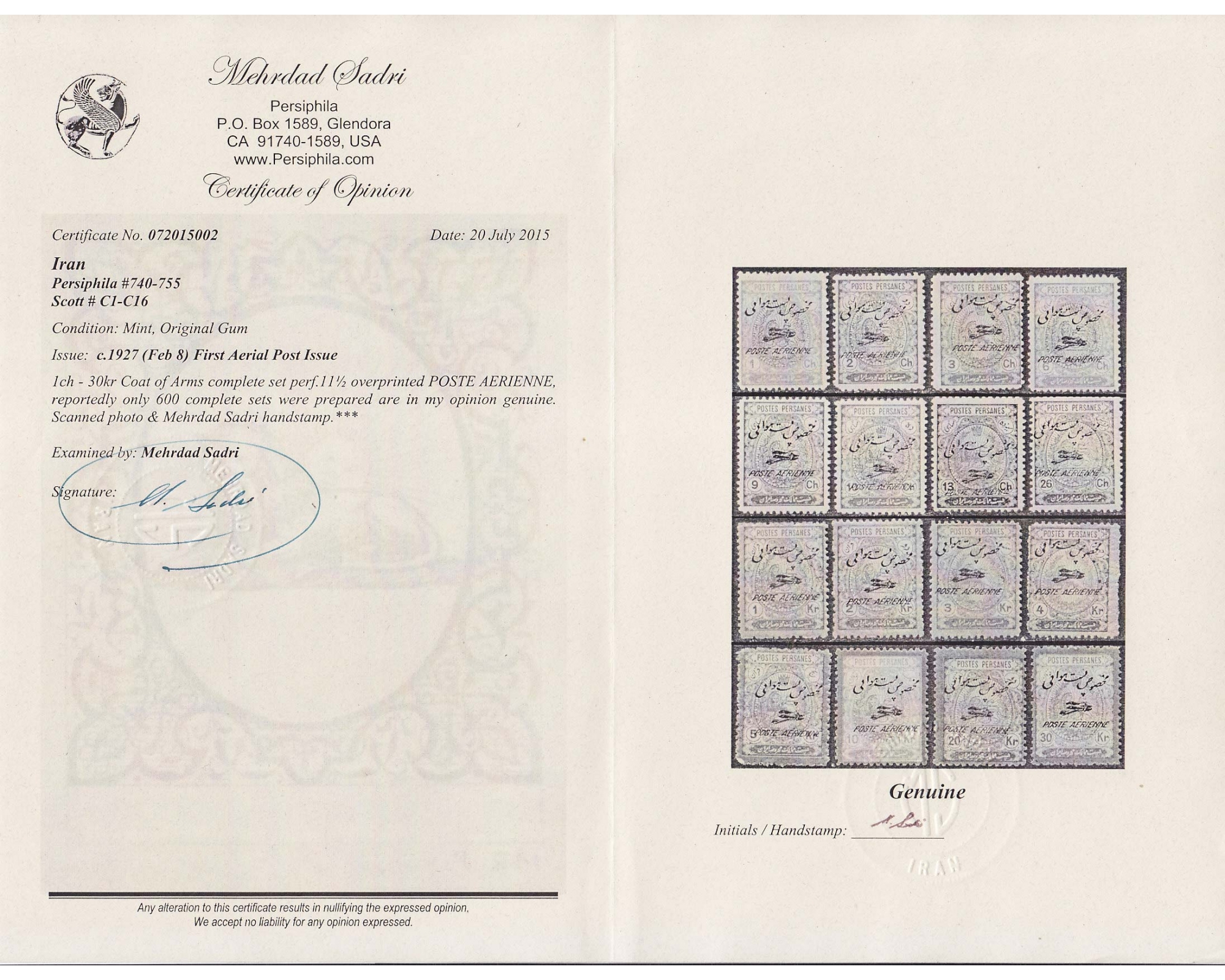 1927 1st Airmail Issue Certificate by Mr. Sadri - Image 3