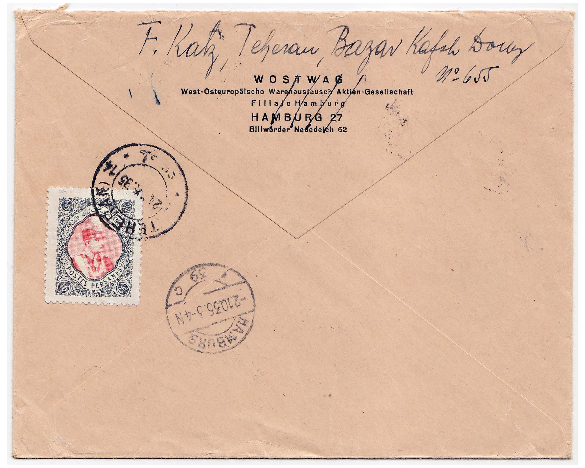 1935 Registered cover from Tehran to Germany - Image 2