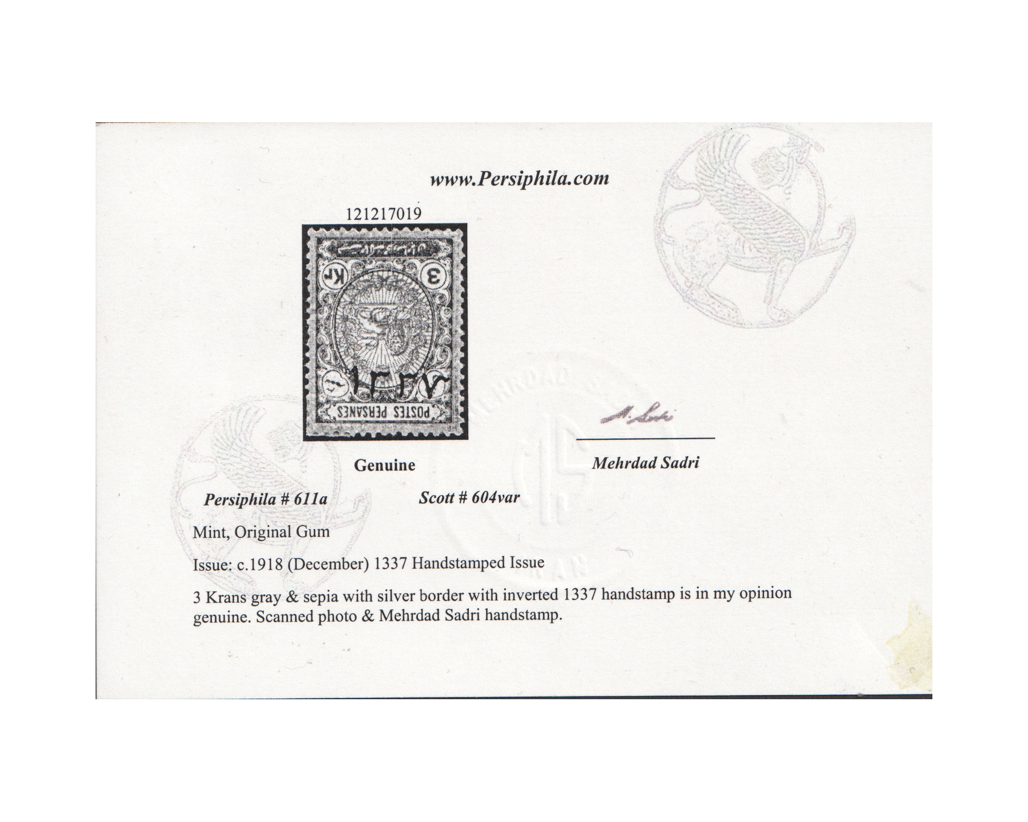 1918 3Kran with Inverted 1337 Overprint with Certificate - Image 3